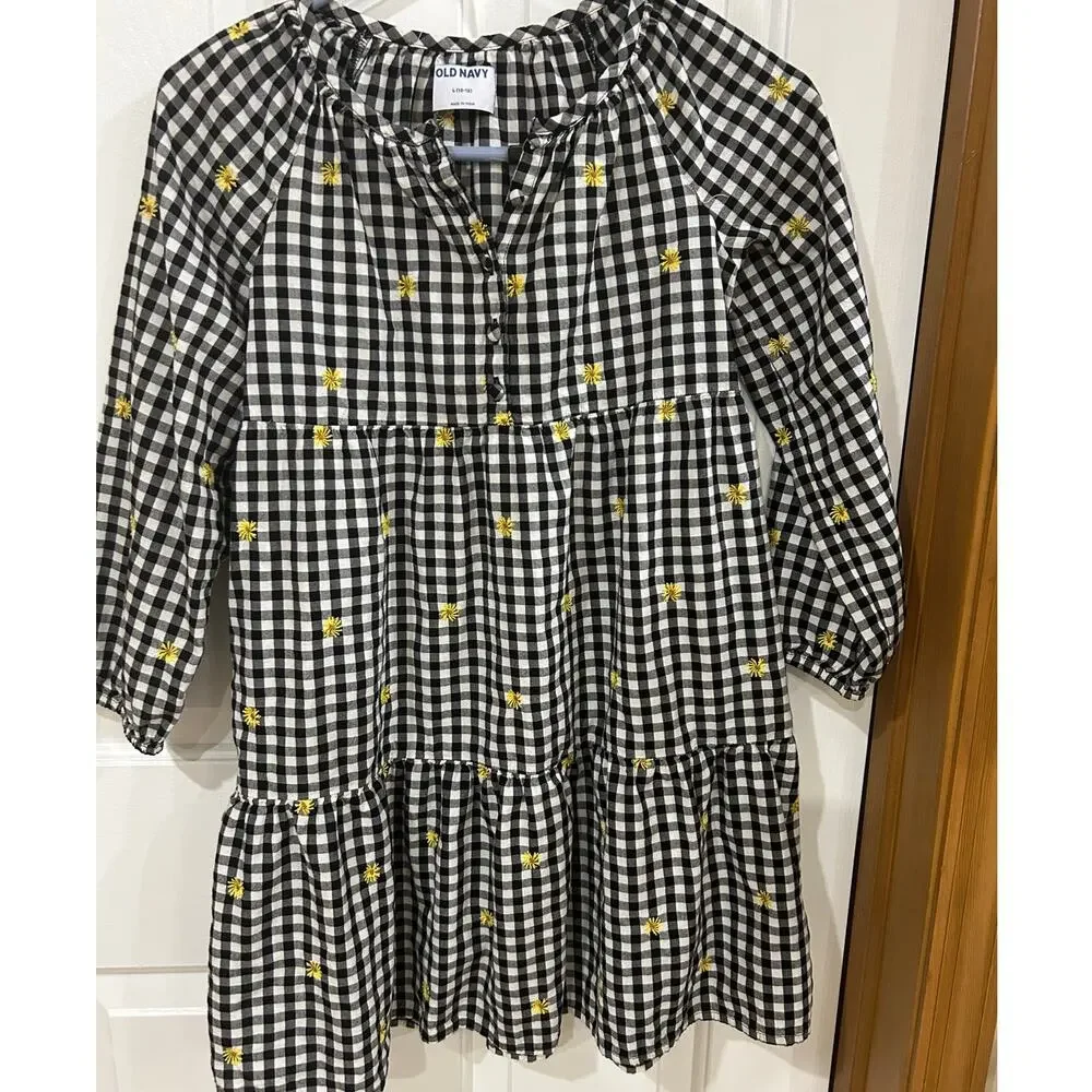 Old Navy Tiered dress yellow embroidered flowers babydoll L
